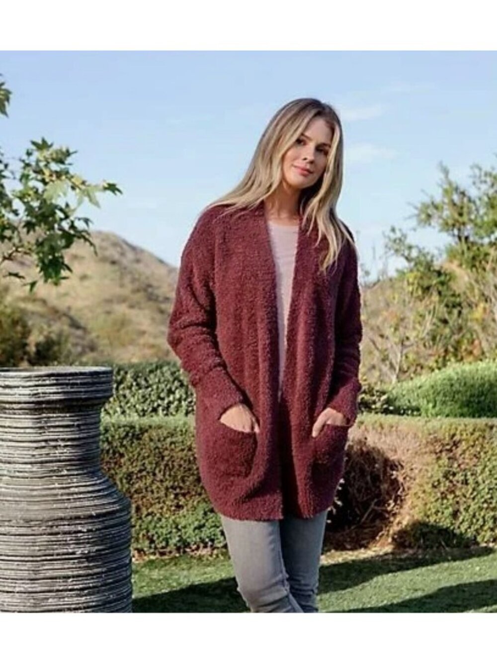 NWT Barefoot Dreams Cozychic Cali Cardi Cardigan Sweater Garnet Rosewood Medium